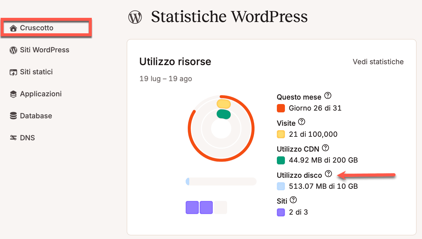 Utilizzo totale dello spazio su disco in MyKinsta.