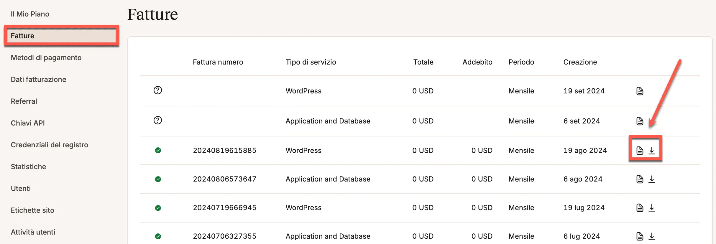 Visualizzare o scaricare le fatture in MyKinsta.