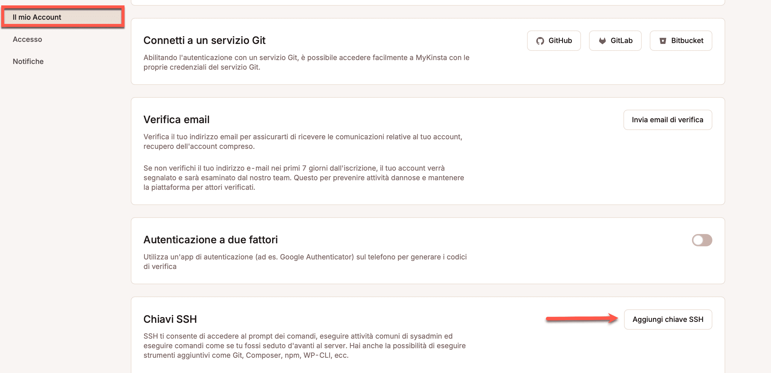 Pulsante Aggiungi chiave SSH in MyKinsta.