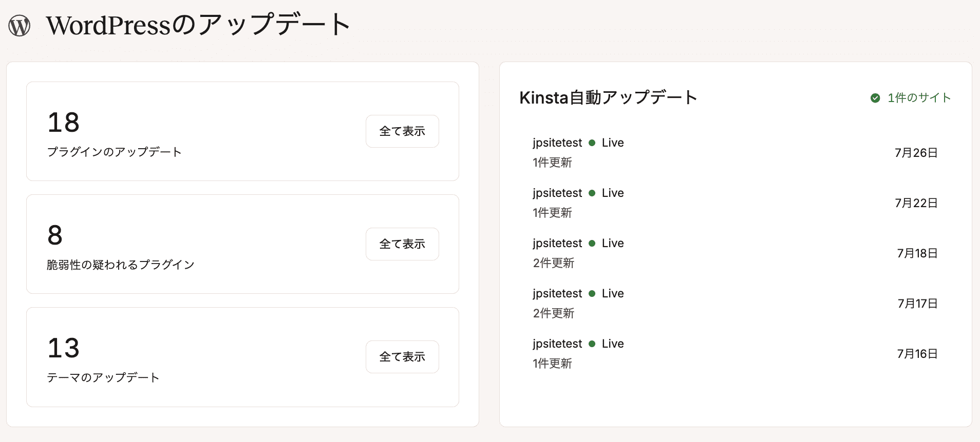 企業の概要画面に表示されたプラグインおよびテーマの更新状況