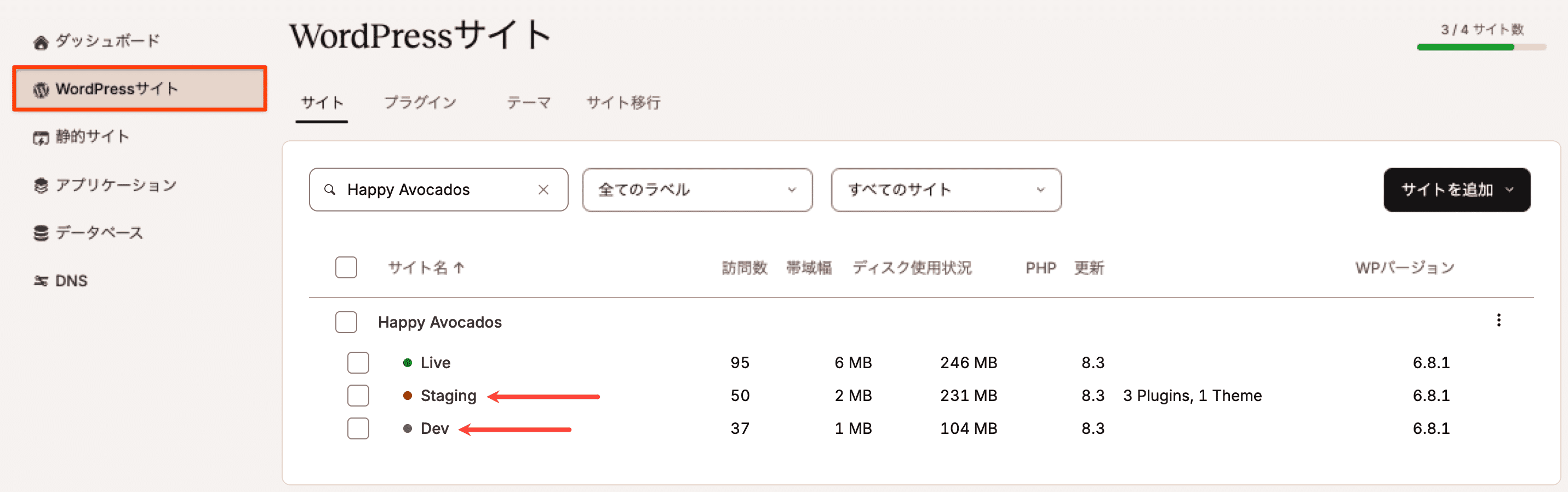 MyKinstaでWordPressステージング環境を選択