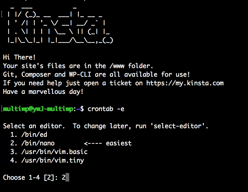 Executar o crontab -e e selecionar seu editor de texto preferido.