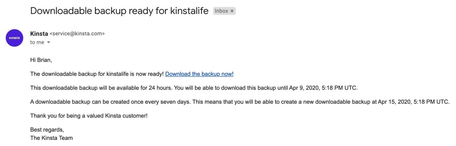 E-mail de notificação de backup para download.
