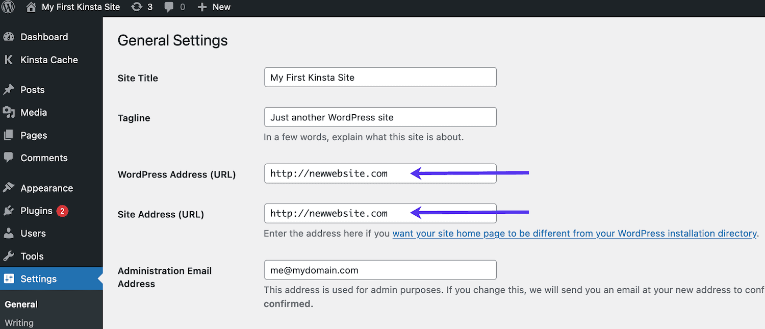 Modification de l'URL temporaire de Kinsta en votre URL personnalisée dans les réglages de WordPress.