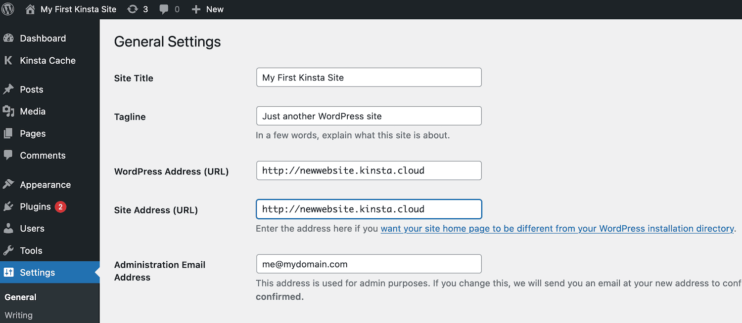 URL temporal de Kinsta en los ajustes de WordPress.