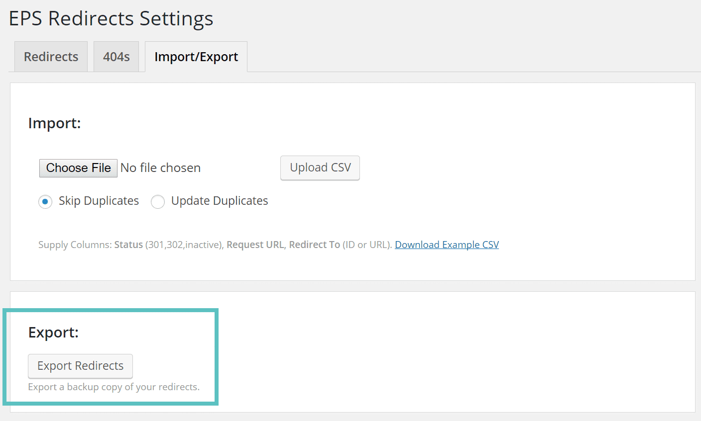 Exportar redirecciones desde la configuración del plugin EPS Redirects.