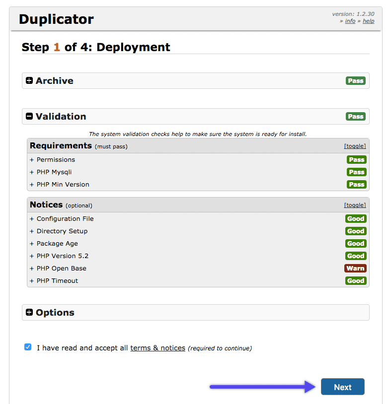 Duplicatorプラグインのデプロイメント画面