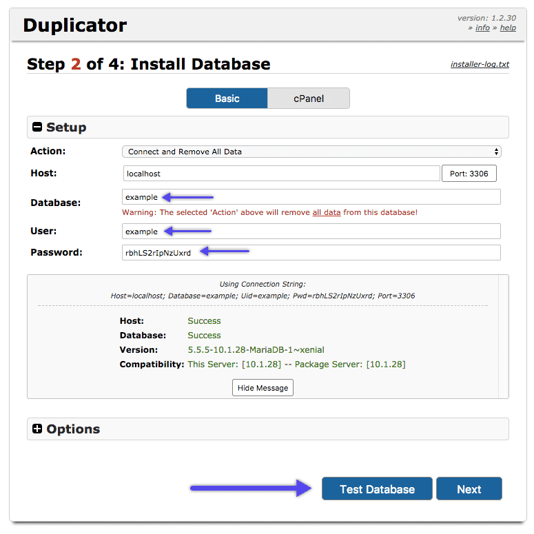 Plugin WordPress Duplicador: instalar banco de dados