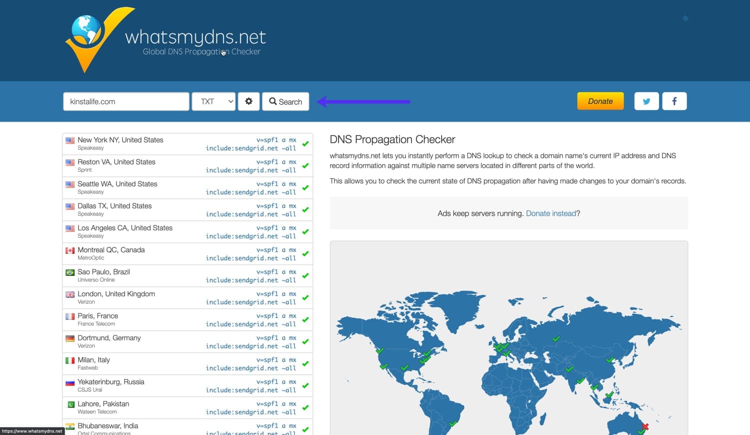 Come usare whatsmydns.net per verificare la presenza di record TXT SPF.