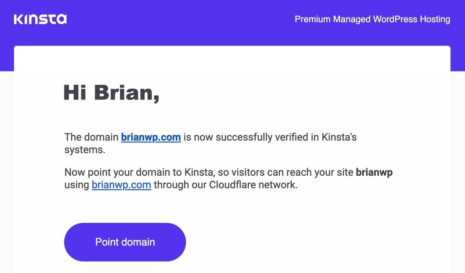 ドメインの所有権確認が完了した旨を伝えるKinstaからの通知メール