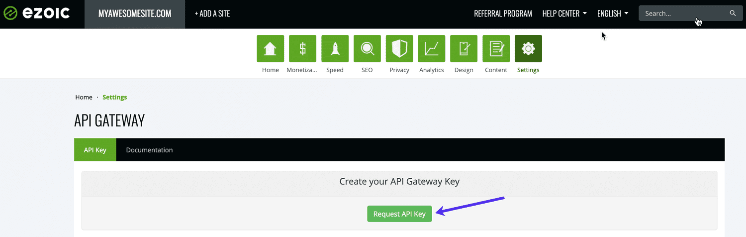 Fordere den API-Schlüssel in deinem Ezoic Dashboard an.