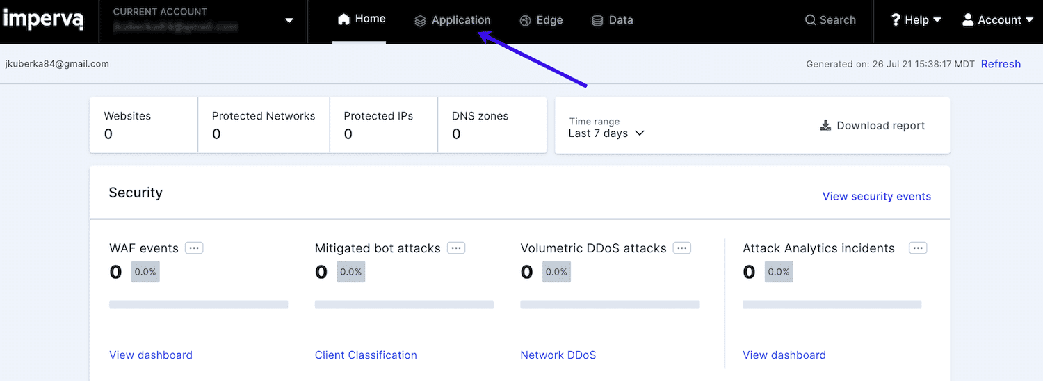 Navigeer naar het tabblad Application in Imperva.