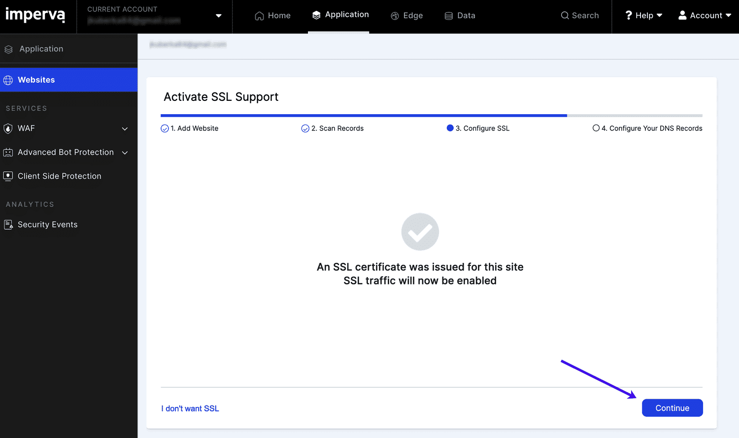 「Continue」をクリックしてSSL証明書を有効化