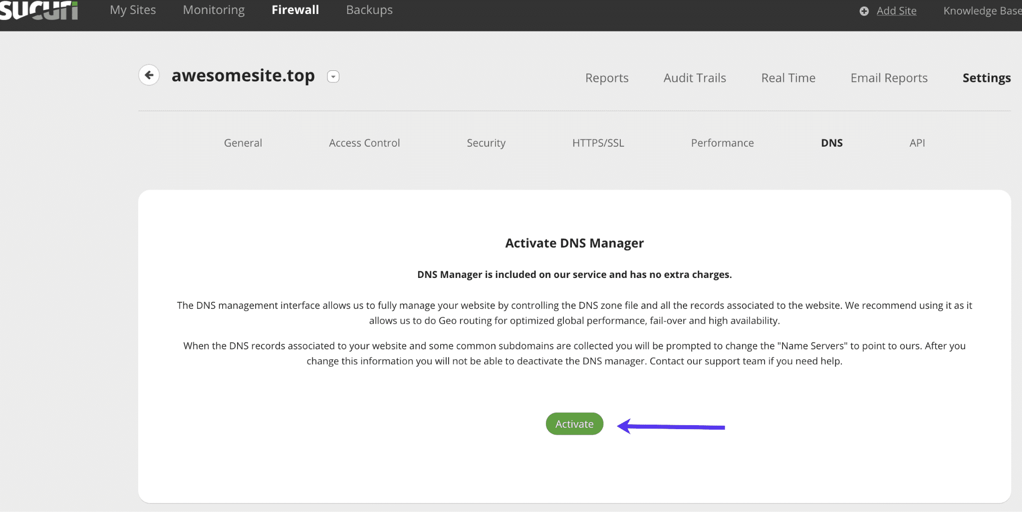 Activate DNS Manager in Sucuri.