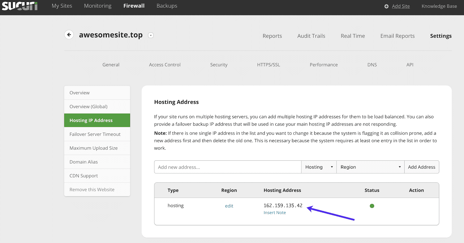 Viewing your Hosting IP Address in Sucuri.