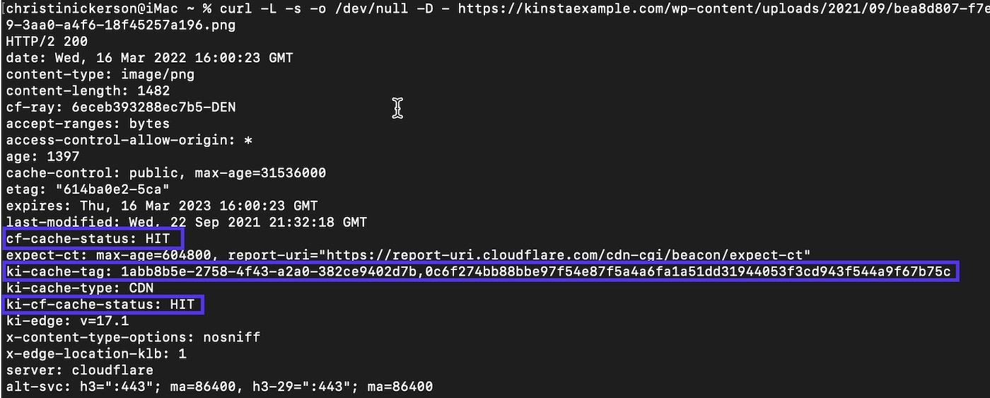 Comprueba cf-cache-status, ki-cf-cache-status y ki-cache-tag en respuesta a curl a un activo estático en el Terminal.