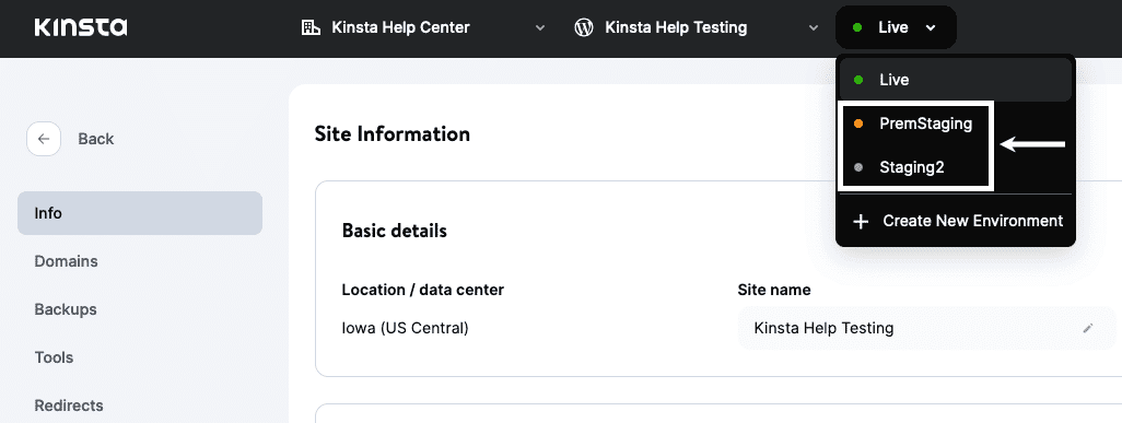 Wechsle zu einer WordPress-Staging-Umgebung in MyKinsta