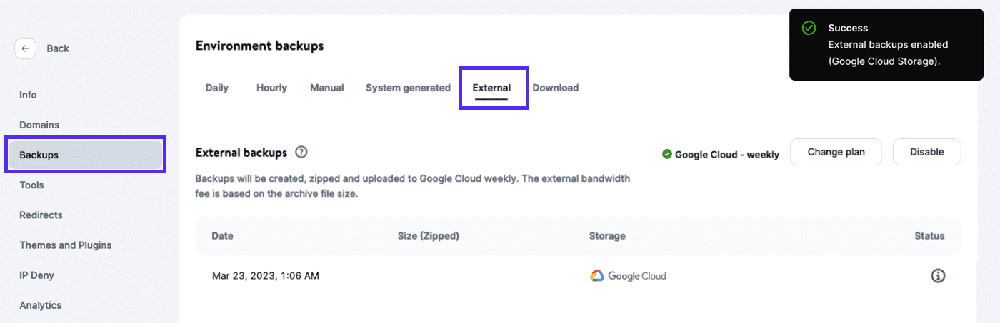 Add-on de copias de seguridad externas con Google Cloud Storage.