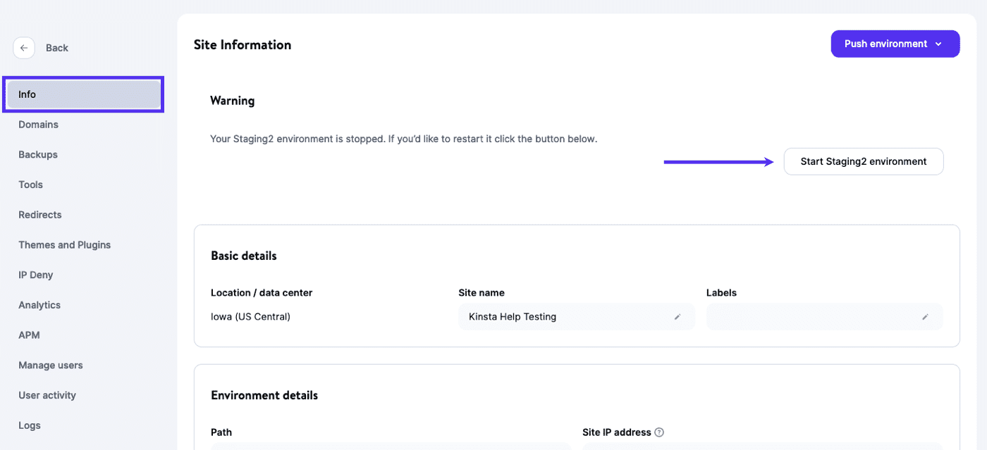 Starte deine Staging-Umgebung in MyKinsta neu