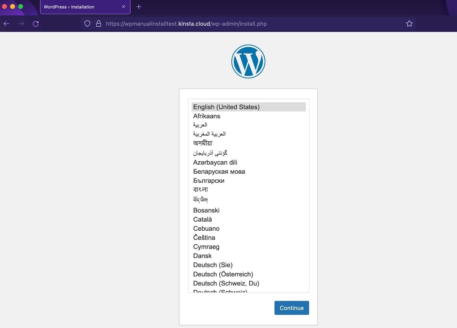 Instalador de WordPress en el sitio web.