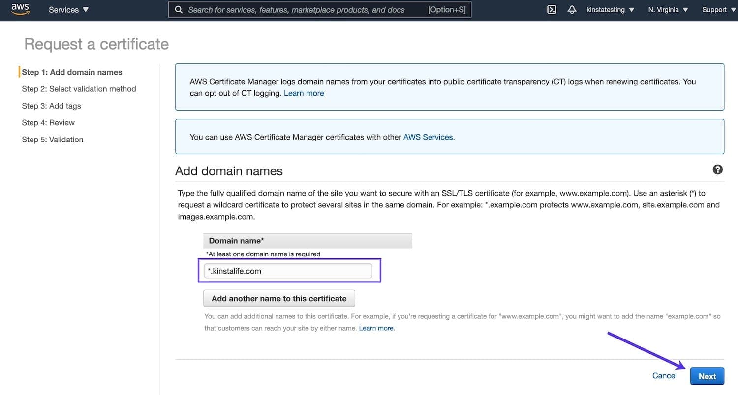 Add your custom domain to the SSL certificate request in AWS Certificate Manager.