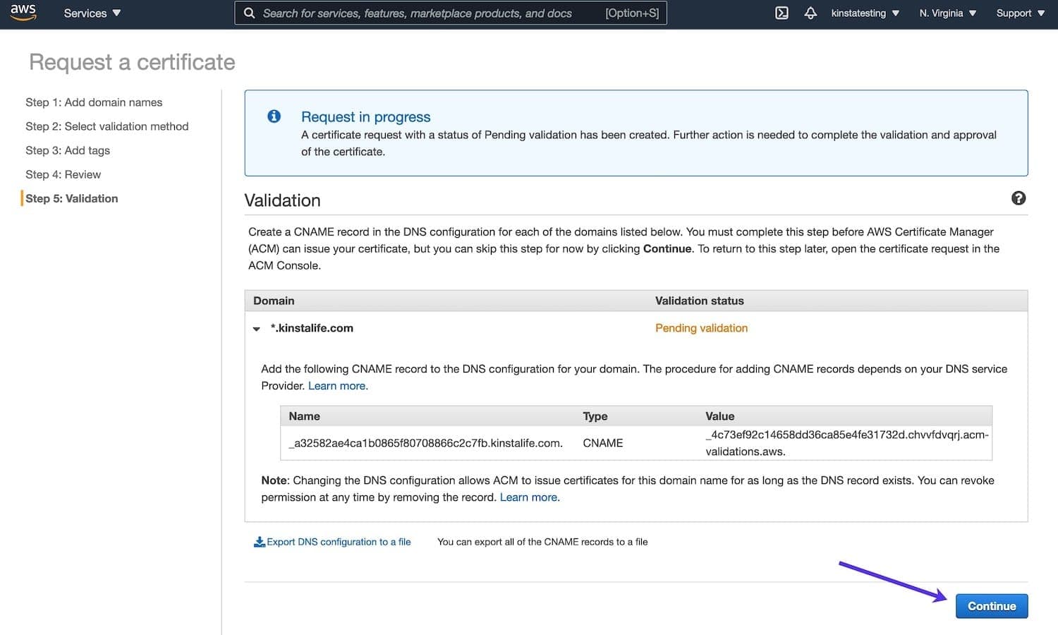 Continue DNS validation.