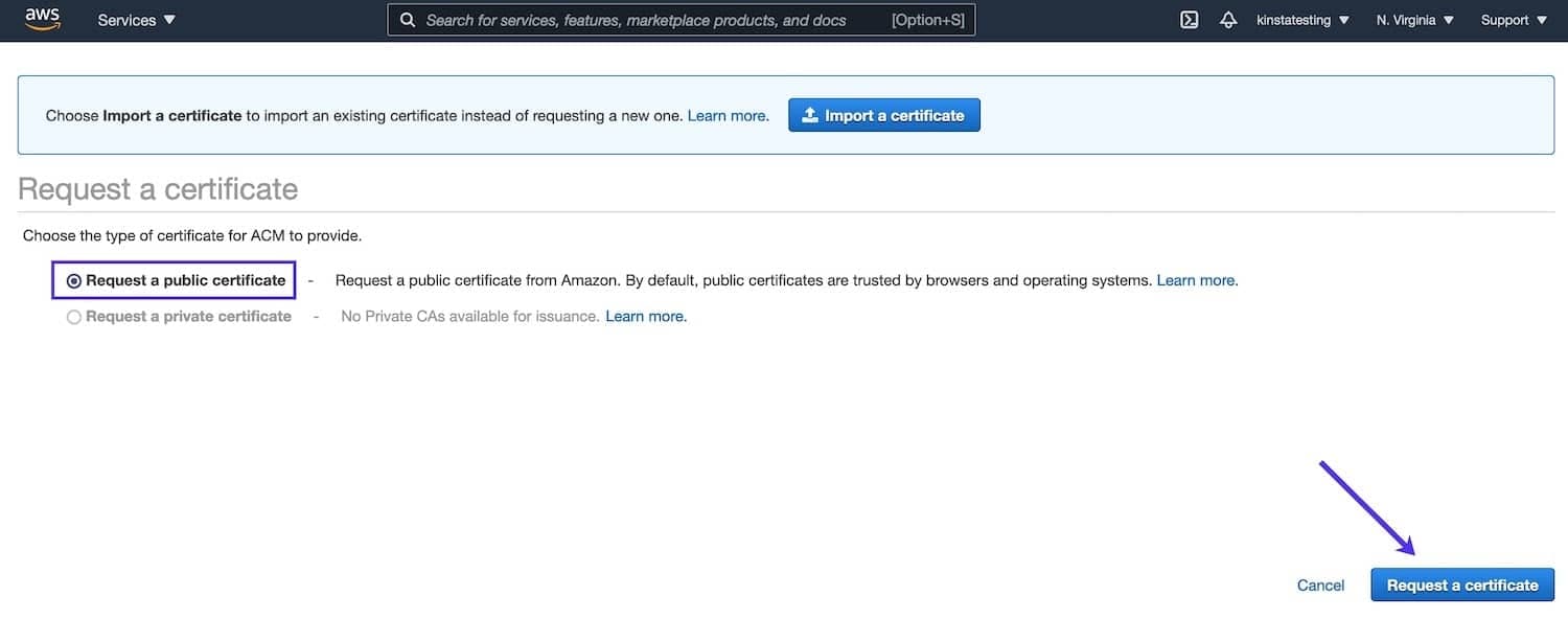 Select Request a public certificate and click the Request a certificate button