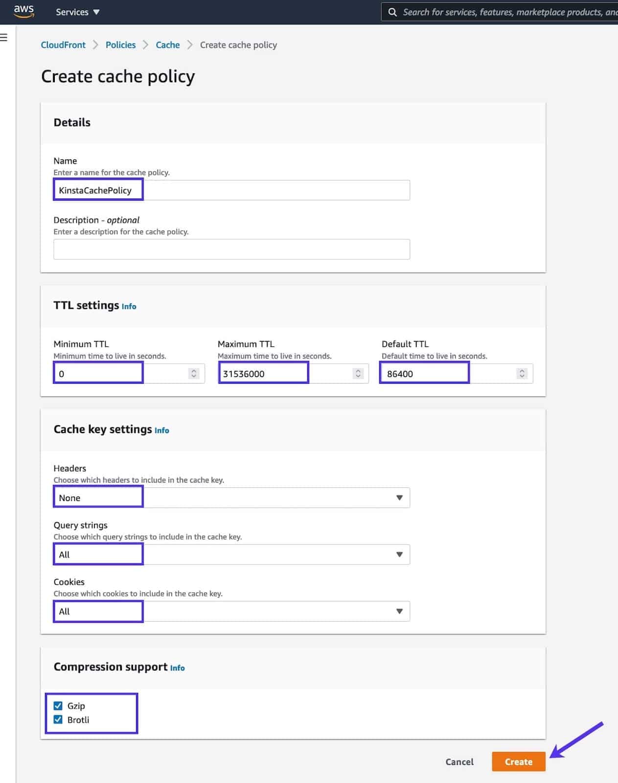 Recommended cache policy settings in CloudFront.