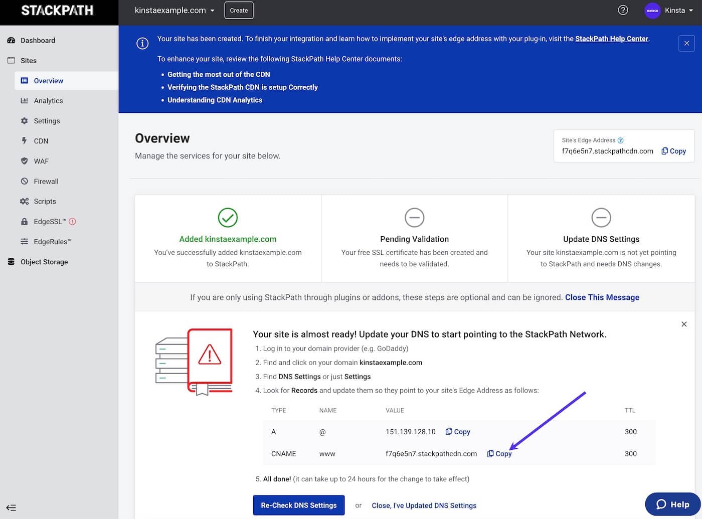 Copiez la valeur pour votre www CNAME.