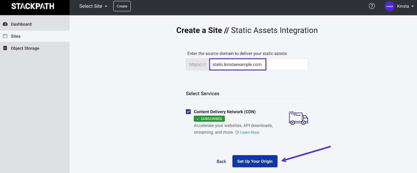 Saisissez votre domaine pour Static Assets Integration.