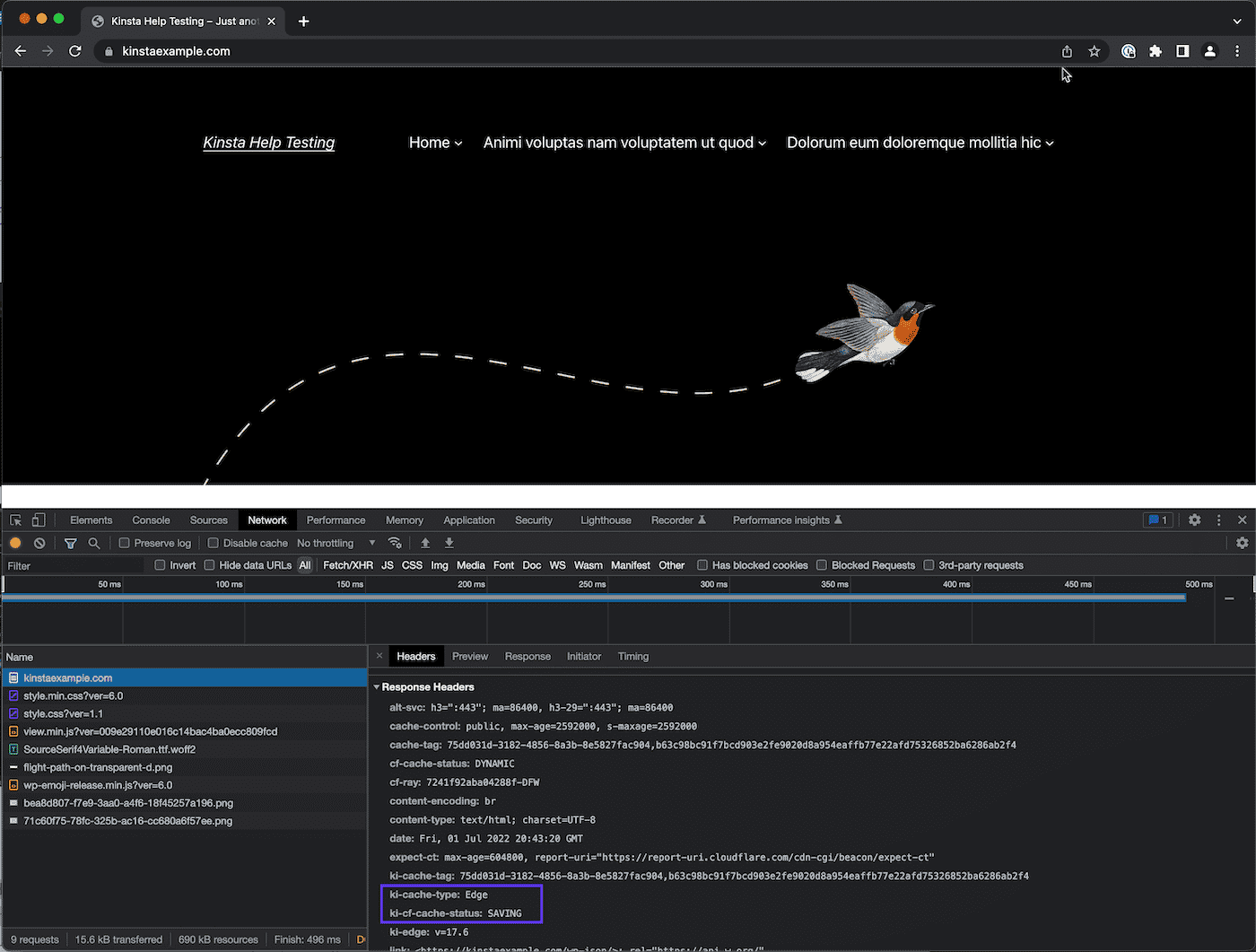 Gli header di Edge Cache, ki-cache-type e Ki-CFCache-Status, nella scheda Network degli strumenti di sviluppo del browser.