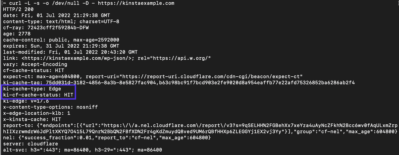 Gli header di Edge Cache, ki-cache-type e Ki-CFCache-Status, nella riga di comando.