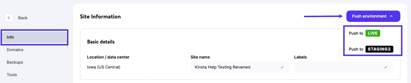 Wähle eine Umgebung aus, in die du pushen möchtest