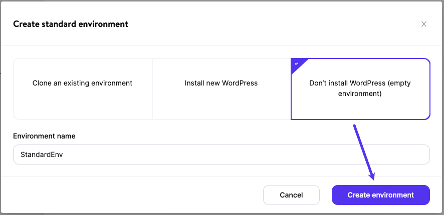 Erstelle eine leere neue Umgebung ohne WordPress