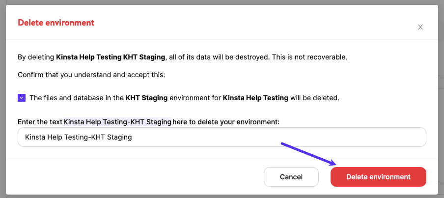 Eine Staging-Umgebung in MyKinsta löschen.