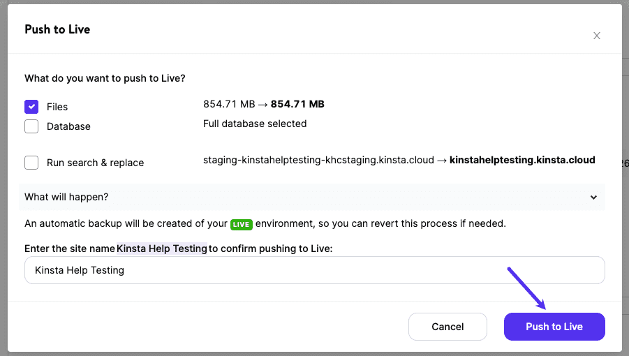 Usare il push selettivo per inviare i file dallo staging alla versione live.