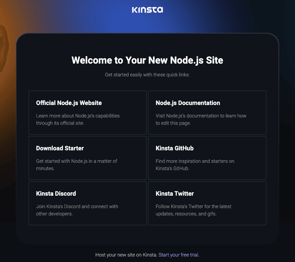 Pagina di benvenuto di Kinsta dopo la distribuzione di Node.js.