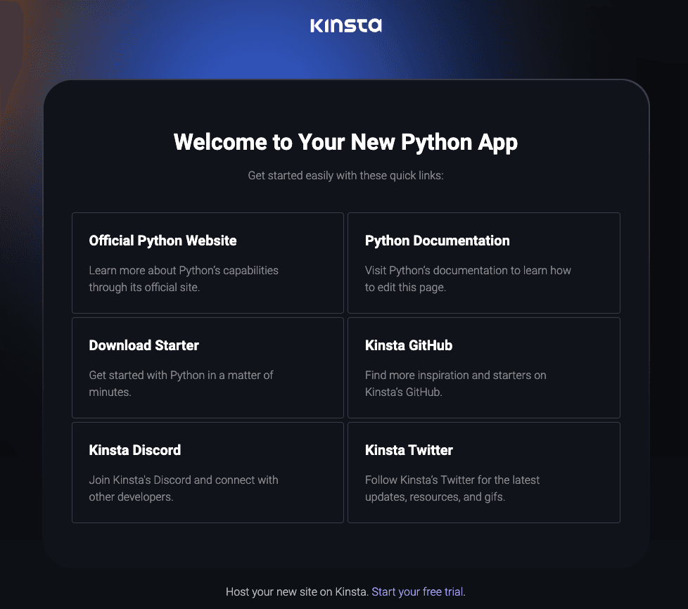 Página de bienvenida de Kinsta tras el despliegue satisfactorio de Python.