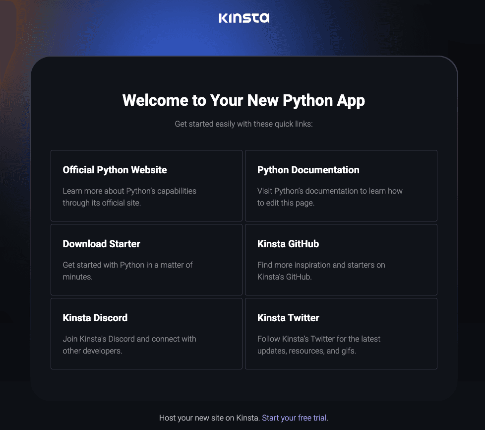 Kinsta welkomstpagina na succesvolle deployment van Python.