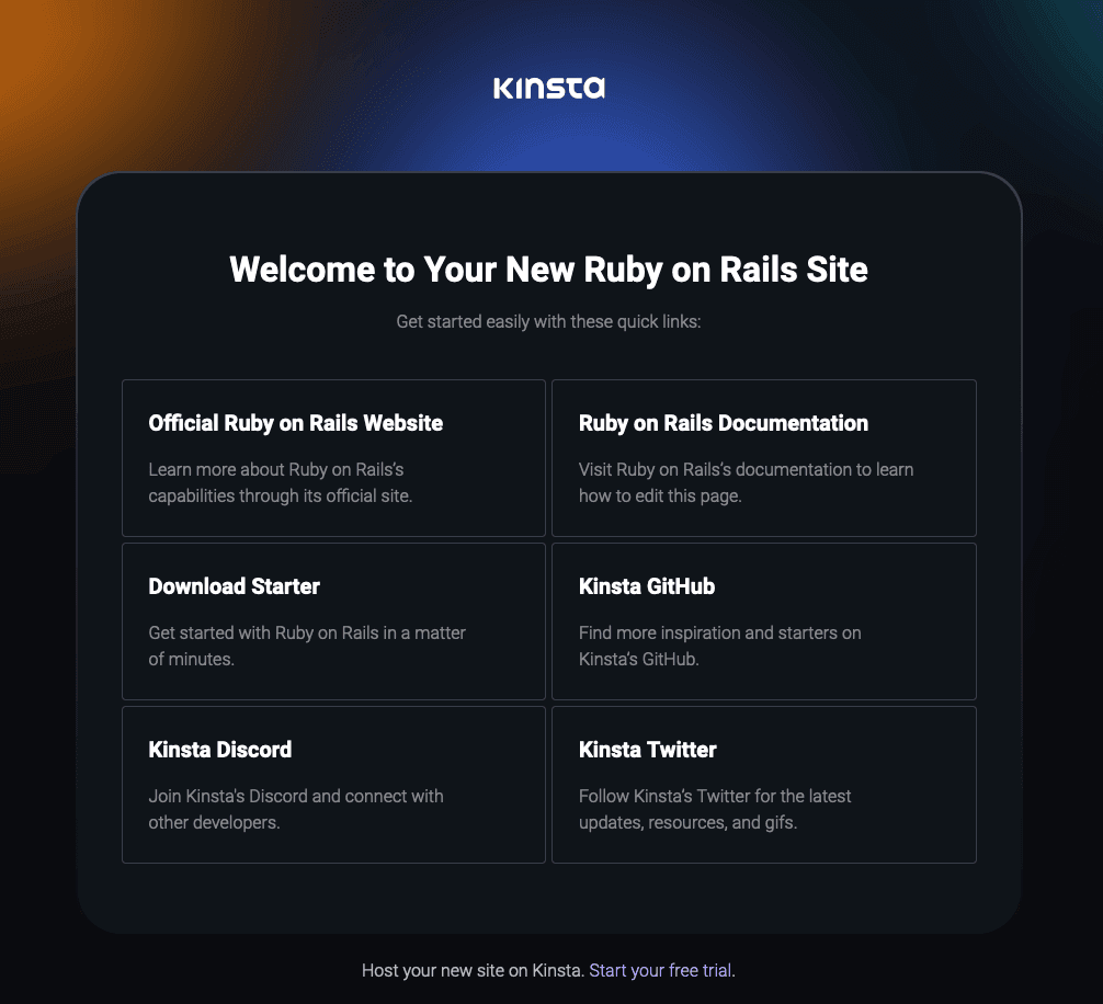 Página de bienvenida de Kinsta tras el despliegue con éxito de Ruby on Rails.