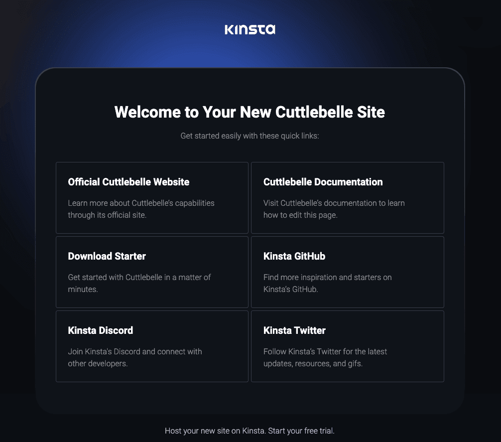 Kinsta welkomstpagina na succesvolle deployment van Cuttlebelle.