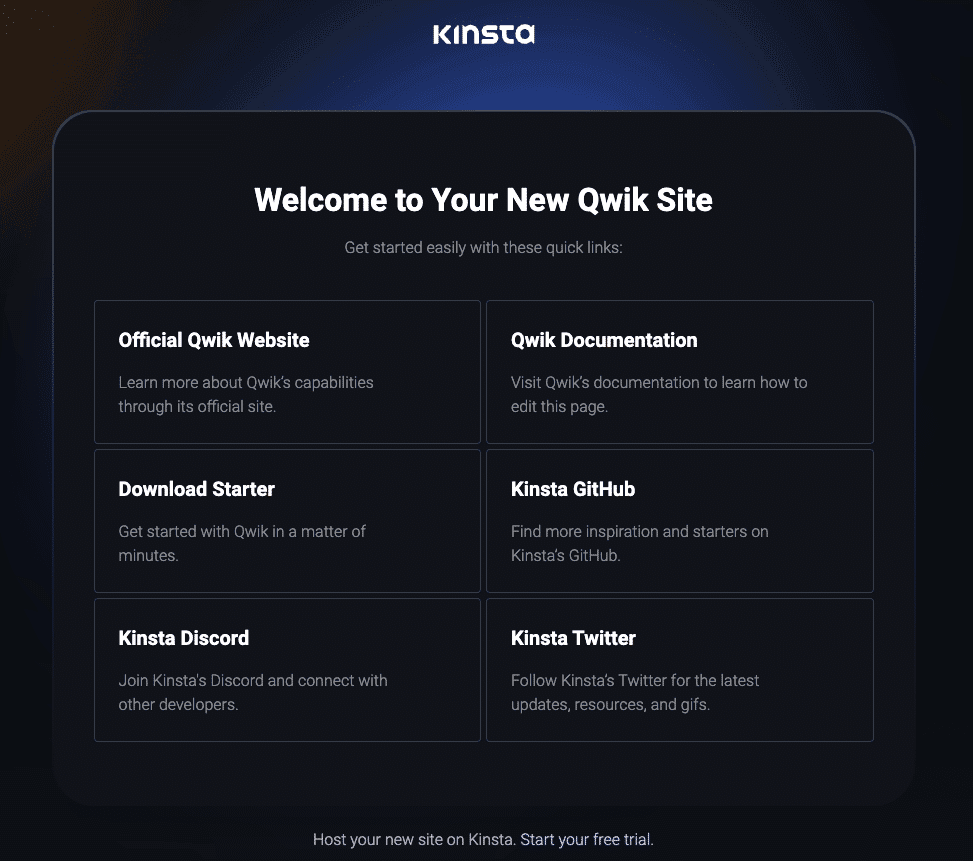 Pagina di benvenuto di Kinsta dopo il successo dell'implementazione di Qwik.