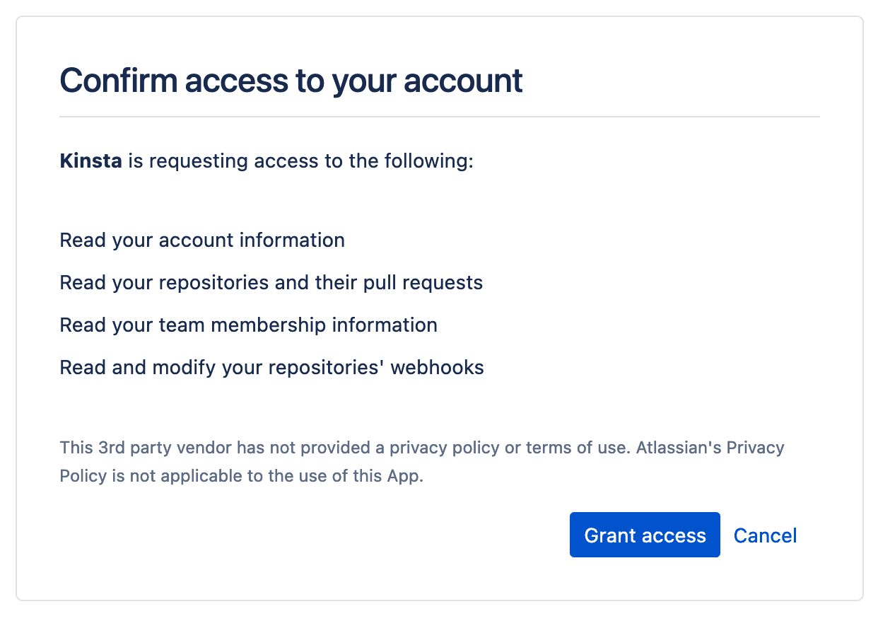 Confirme o acesso da Kinsta para que você se conecte à sua conta do Bitbucket.