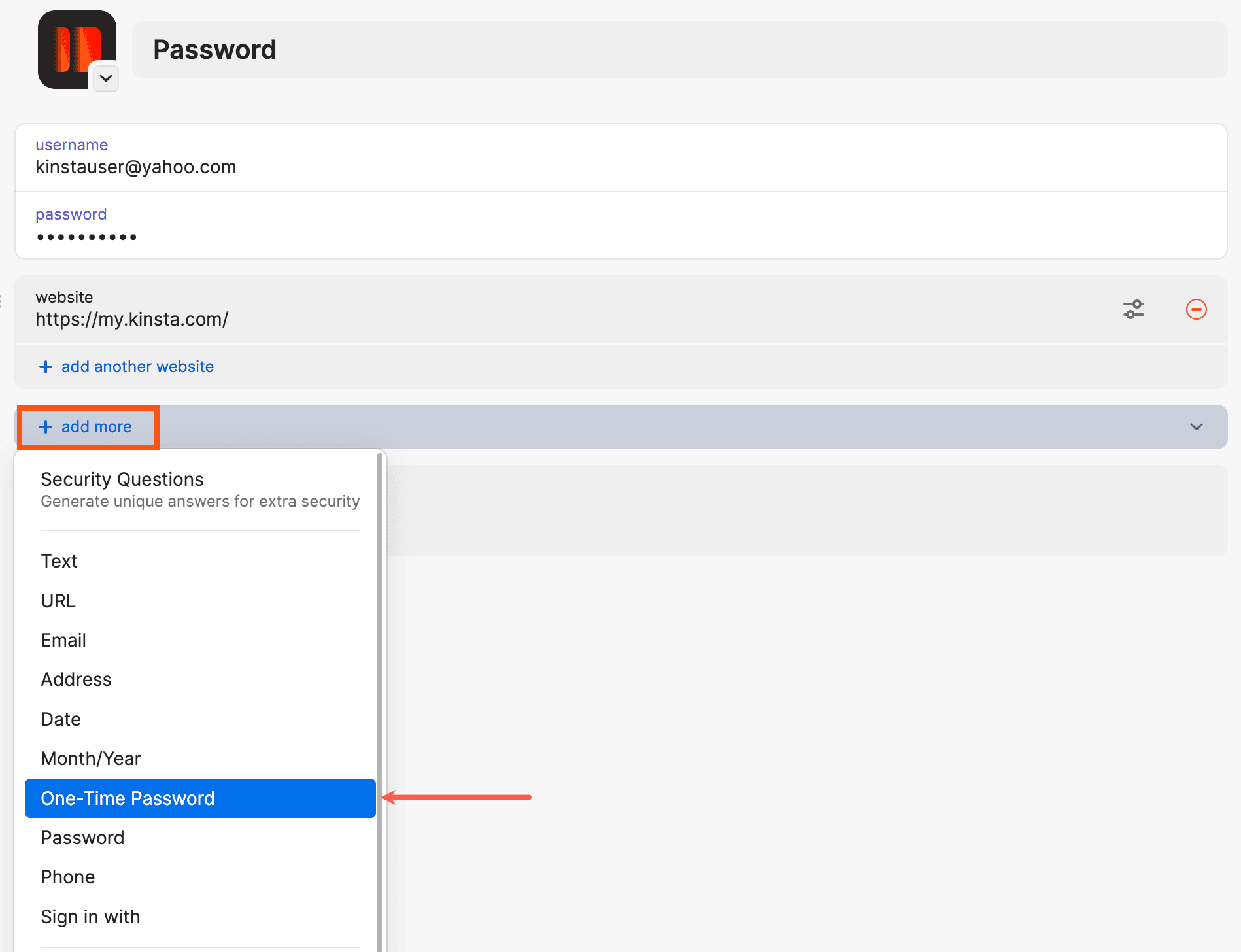 Add a one-time password in 1Password.