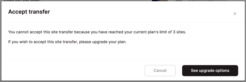 Pode ser necessário um upgrade de plano para acomodar uma transferência de site.
