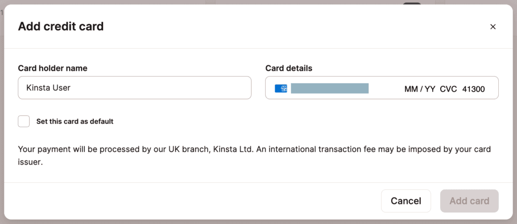 Adicionar um cartão de crédito internacional no MyKinsta.