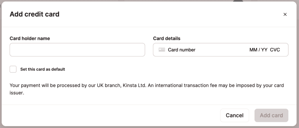 Añade tu tarjeta de crédito en MyKinsta.