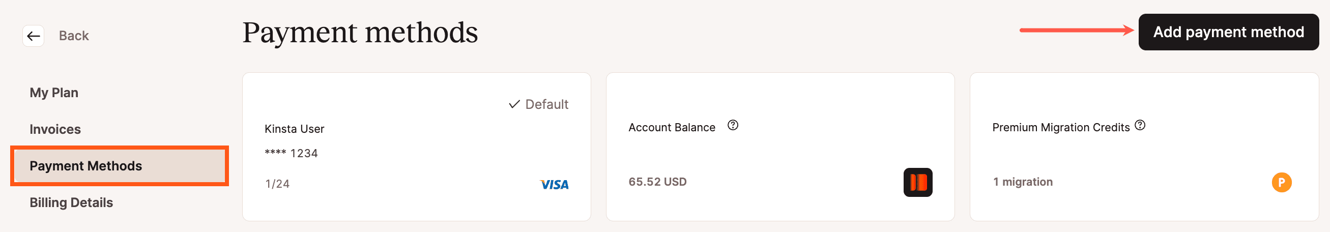 Você pode adicionar um método de pagamento no MyKinsta.