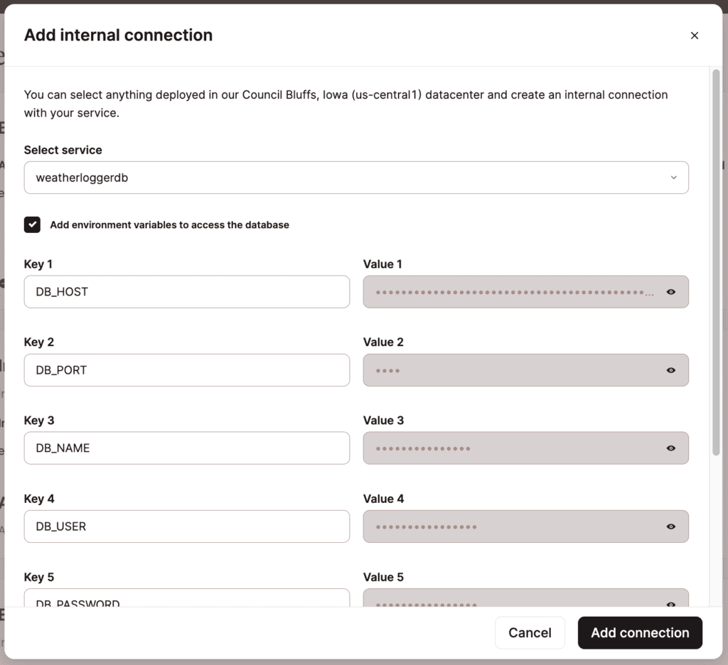 Die Umgebungsvariablen werden automatisch aus den Details der Datenbankverbindung gefüllt