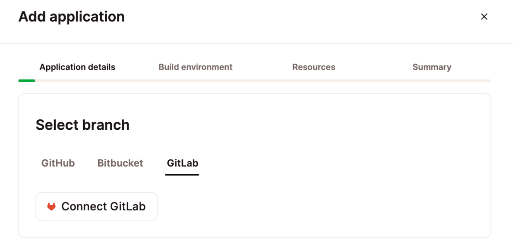 Selezionare GitLab nei dettagli dell'applicazione quando si aggiunge un'applicazione.